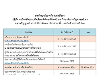ปฏิทินการรับสมัครสอบคัดเลือกเข้าศึกษาศึกษาในมหาวิทยาลัยราชภัฏสวนสุนันทา
ระดับปริญญาตรี ประจำปีการศึกษา 2563
(รอบที่ 1 การรับด้วย Portfolio)