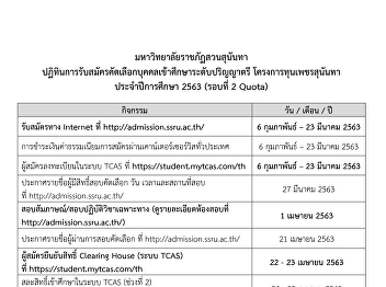 ปฏิทินการรับสมัครคัดเลือกบุคคลเข้าศึกษาระดับปริญญาตรี
โครงการทุนเพชรสุนันทา ประจำปีการศึกษา
2563 (รอบที่ 2 Quota)