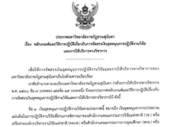 ประกาศมหาวิทยาลัยราชภัฏสวนสุนันทา เรื่อง
หลักเกณฑ์และวิธีการปฏิบัติเกี่ยวกับการจัดสรรเงินอุดหนุนการปฏิบัติงานวิจัย
และการให้บริการทางวิชาการ