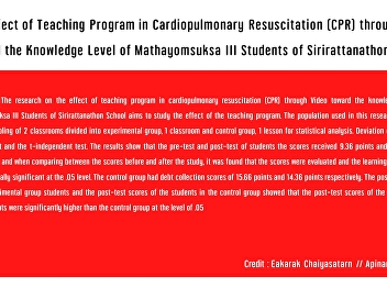 The Effect of Teaching Program in
Cardiopulmonary Resuscitation (CPR)
through Video Toward the Knowledge Level
of Mathayomsuksa III Students of
Sirirattanathon School