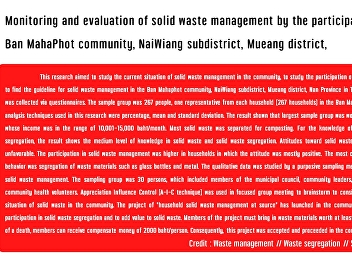 Monitoring and evaluation of solid waste
management by the participation of
people in Ban MahaPhot community,
NaiWiang subdistrict, Mueang district,