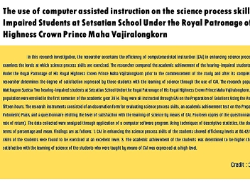 The use of computer assisted instruction
on the science process skills of Hearing
Impaired Students at Setsatian School
Under the Royal Patronage of His Royal
Highness Crown Prince Maha
Vajiralongkorn