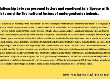 The relationship between personal
factors and emotional intelligence with
attitude toward the Thai cultural
factors of undergraduate students.