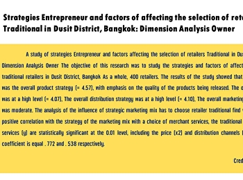 Strategies Entrepreneur and factors of
affecting the selection of retailers
Traditional in Dusit District, Bangkok:
Dimension Analysis Owner