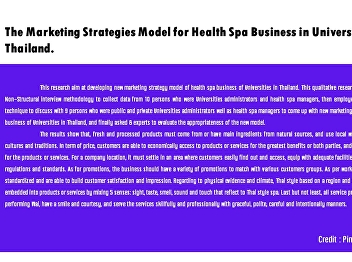 The Marketing Strategies Model for
Health Spa Business in University of
Thailand.