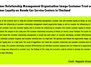 Customer Relationship Management
Organization Image Customer Trust and
Customer Loyalty on Honda Car Service
Centers in Thailand