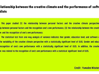 The relationship between the creative
climate and the performance of software
specialists