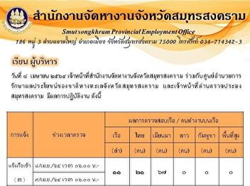 วันที่ ๘ เมษายน ๒๕๖๔
เจ้าหน้าที่สำนักงานจัดหางานจังห
วัดสมุทรสงคราม ร่วมกับศูนย์อำนายการ
รักษาผลปร ะโยชน์ของชาติทางท ะเลจังหวัด
สมุท รสงคราม และเจ้าหน้าที่
ด่านตรวจประมง สมุทรสงคราม
มีผลการปฏิบัติงาน ดังนี้