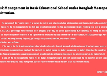The Risk Management in Basic Educational
School under Bangkok Metropolis
Administration.