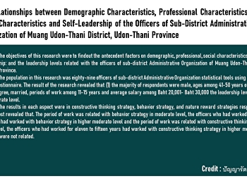 The Relationships between Demographic
Characteristics, Professional
Characteristics, Social Characteristics
and Self-Leadership of the Officers of
Sub-District Administrative Organization
of Muang Udon-Thani District, Udon-Thani
Province