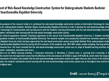 Development of Web-Based Knowledge
Construction System for Undergraduate
Students Bachelor Degree in SuanSunandha
Rajabhat University