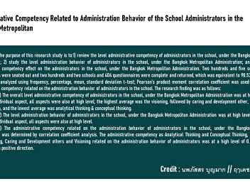 Administrative Competency Related to
Administration Behavior of the School
Administrators in the Bangkok
Metropolitan