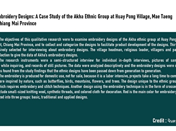 Akha’s Embroidery Designs: A Case Study
of the Akha Ethnic Group at Huay Pong
Village, Mae Taeng District, Chiang Mai
Province