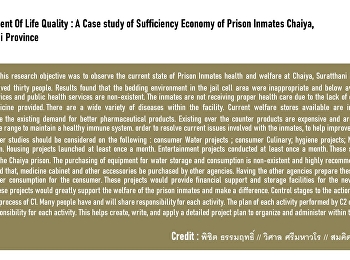 Development Of Life Quality : A Case
study of Sufficiency Economy of Prison
Inmates Chaiya, Suratthani Province