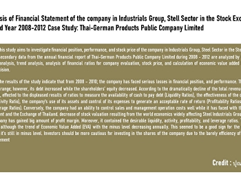 The Analysis of Financial Statement of
the company in Industrials Group, Stell
Sector in the Stock Exchange of Thailand
Year 2008-2012 Case Study: Thai-German
Products Public Company Limited