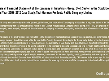The Analysis of Financial Statement of
the company in Industrials Group, Stell
Sector in the Stock Exchange of Thailand
Year 2008-2012 Case Study: Thai-German
Products Public Company Limited