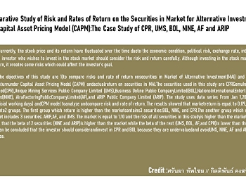 The Comparative Study of Risk and Rates
of Return on the Securities in Market
for Alternative Investment (MAI) by
Capital Asset Pricing Model (CAPM):The
Case Study of CPR, UMS, BOL, NINE, AF
and ARIP