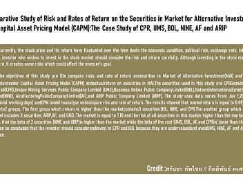 The Comparative Study of Risk and Rates
of Return on the Securities in Market
for Alternative Investment (MAI) by
Capital Asset Pricing Model (CAPM):The
Case Study of CPR, UMS, BOL, NINE, AF
and ARIP