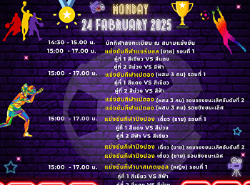 โปรแกรมตารางการแข่งขัน ระเบิดความมันส์
#กีฬาสานสัมพันธ์ #SKMSOPRTDAY2025
ในวันจันทร์ที่ 24 กุมภาพันธ์ 2568