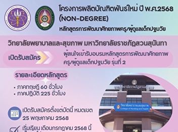 The College of Nursing and Health
Sciences, Suan Sunandha Rajabhat
University is recruiting interested
persons to attend the 2nd Early
Childhood Teacher/Caregiver Potential
Development Training Course.