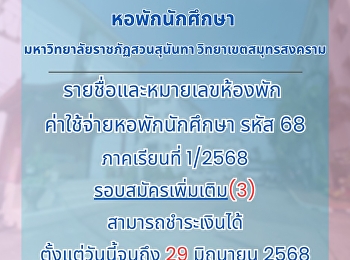 ประกาศจากหน่วยธุรกิจหอพักนักศึกษา :
ห้องว่างให้เช่า ภายในหอพักนักศึกษา
วิทยาเขตสมุทรสงคราม