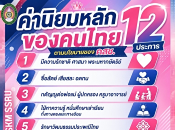 ค่านิยมของคนไทย 12 ประการ
ตามนโยบายของคณะรักษาความสงบแห่งชาติ หรือ
คสช.
เพื่อที่จะส่งเสริมและพัฒนาสังคมไทยให้ก้าวไกลและมั่นคง