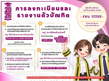 ประกาศ การลงทะเบียนและรายงานตัวบัณฑิต
เพื่อรับเอกสารสำคัญทางการศึกษา
ประจำปีการศึกษา 2569 รอบที่ 1/2569
สำหรับนักศึกษาระดับบัณฑิตศึกษา